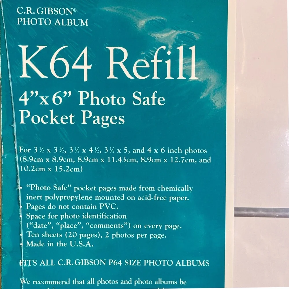CR GIBSON K64 Refill‎ 4x6 Photo Safe Pocket Pages Album Pages 10 Sheets NEW